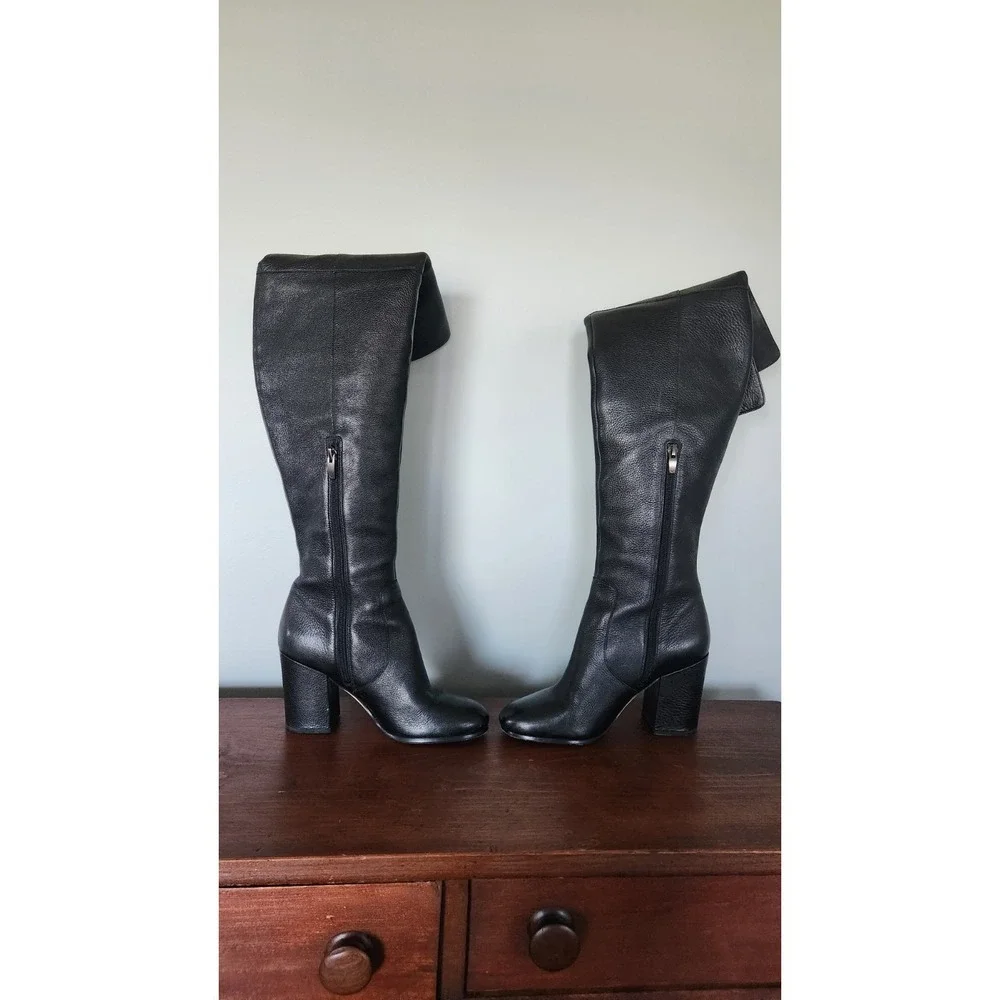 Via Spiga Beline Over The Knee Boots Black Pebbled Leather Block Heel Size 6 M